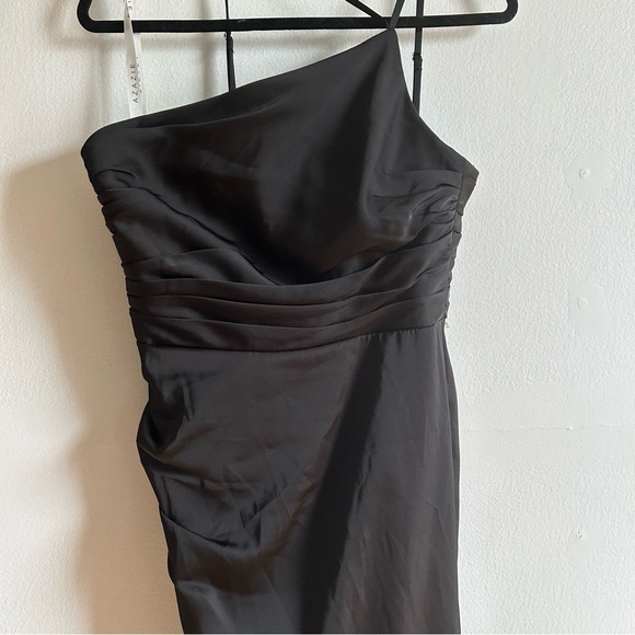 Azazie Sz 12 Eren Elegant One Shoulder Satin Black Maxi Wedding Gown Dress - Picture 4 of 14